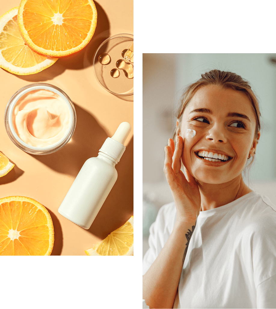 Skincare routine with oranges and smiling woman.