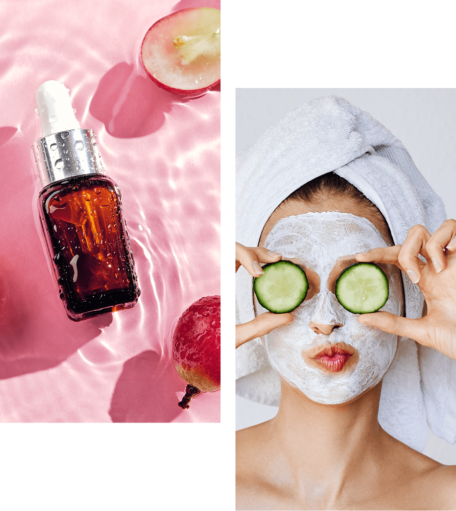 Facial mask, cucumbers; serum with apples nearby.